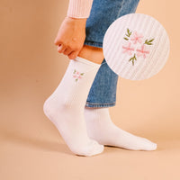 Floral Pink Embroidered Crew Socks