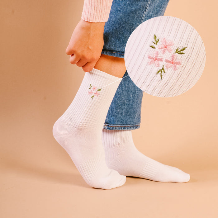 Floral Pink Embroidered Crew Socks