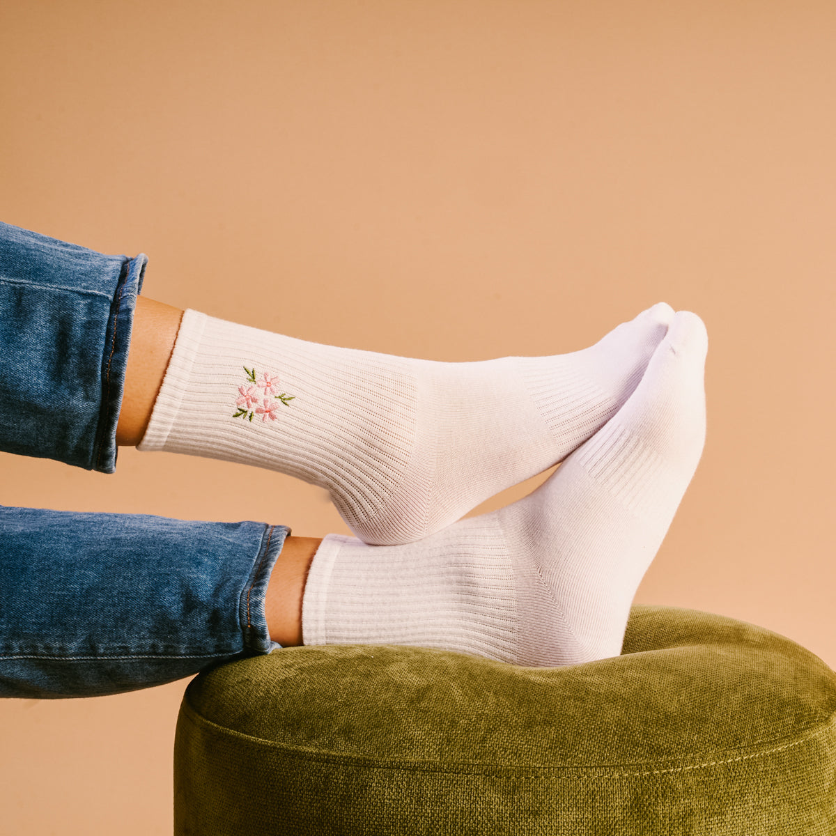 Floral Pink Embroidered Crew Socks