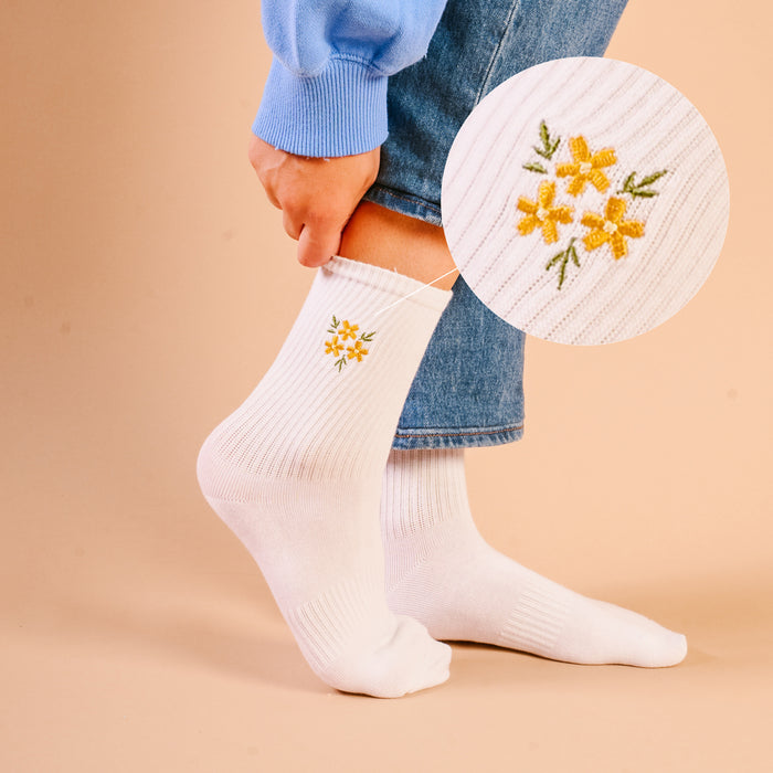 Floral Yellow Embroidered Crew Socks