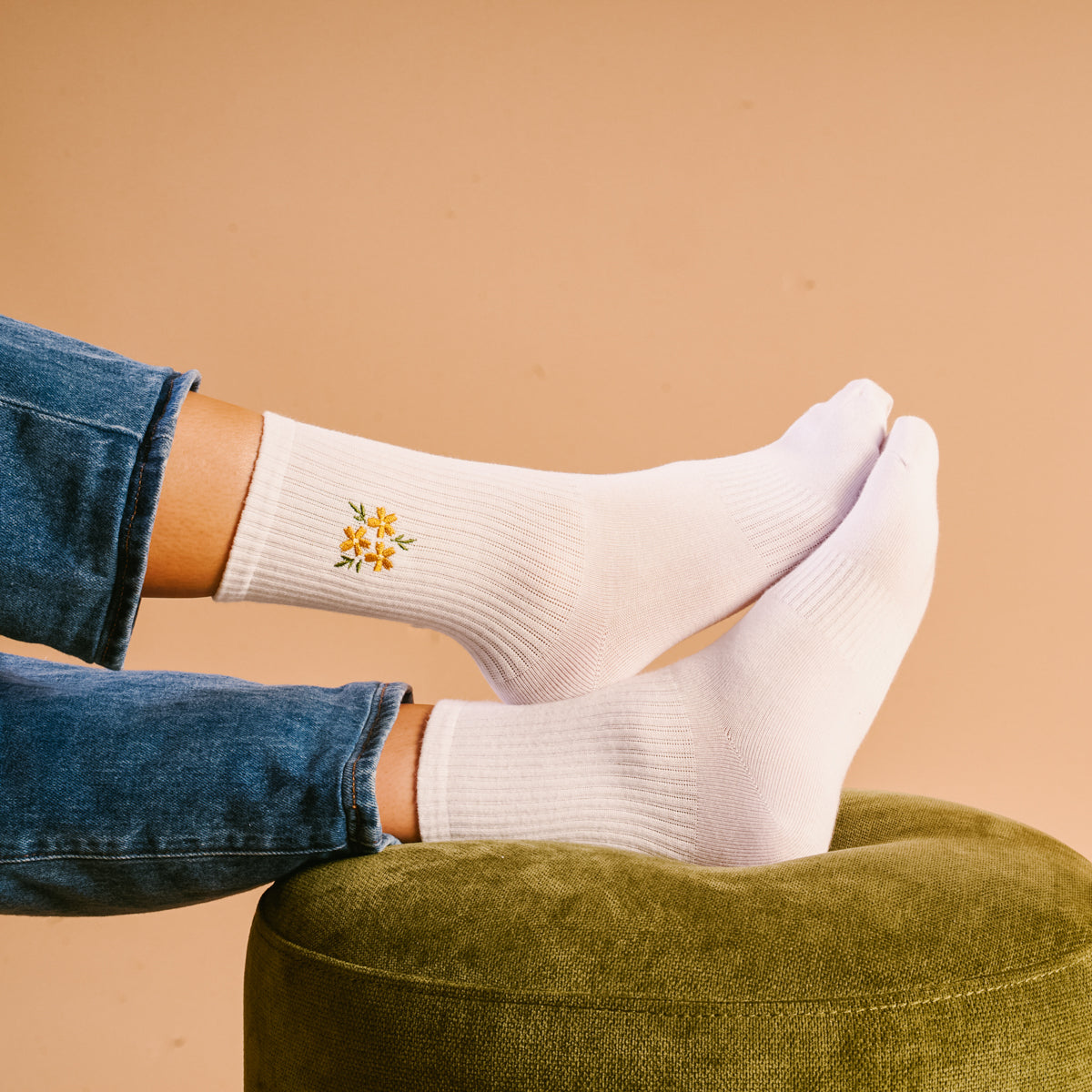 Floral Yellow Embroidered Crew Socks