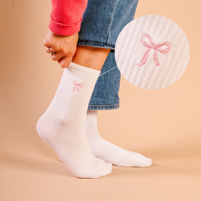 Pink Bow Embroidered Crew Socks