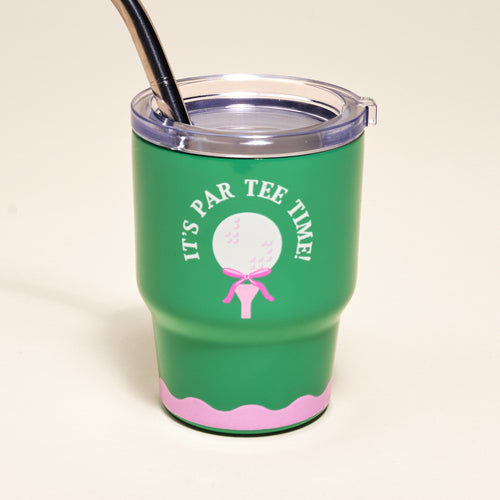 The Darling Effect's Par Tee Time 2 oz Tiny Tumbler features a white golf ball on a tee with a pink ribbon and "ITS PAR TEE TIME!" text, plus a pink wavy stripe near the bottom. Includes a straw and insulation.