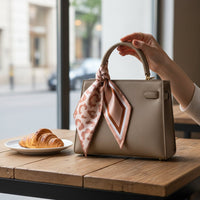 A hand holds a beige handbag with The Darling Effect's Born Wild Twirl & Tie Scarf Accessory tied to the handle, resting on a wooden table beside two croissants by a window.
