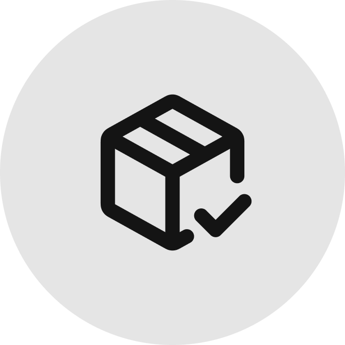 A black outline icon of a cardboard box with a check mark beside it, symbolizing the "Free Unlimited Return for Store Credit or Exchanges for $1.98" service offered by re:do, on a light gray circular background.