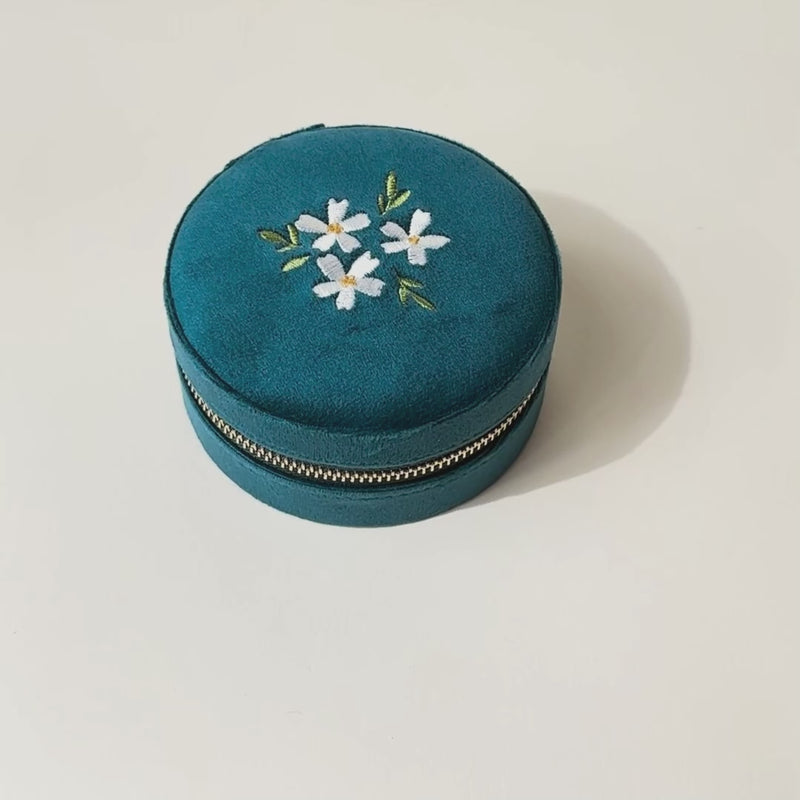 Teal Round Velvet Jewelry Case