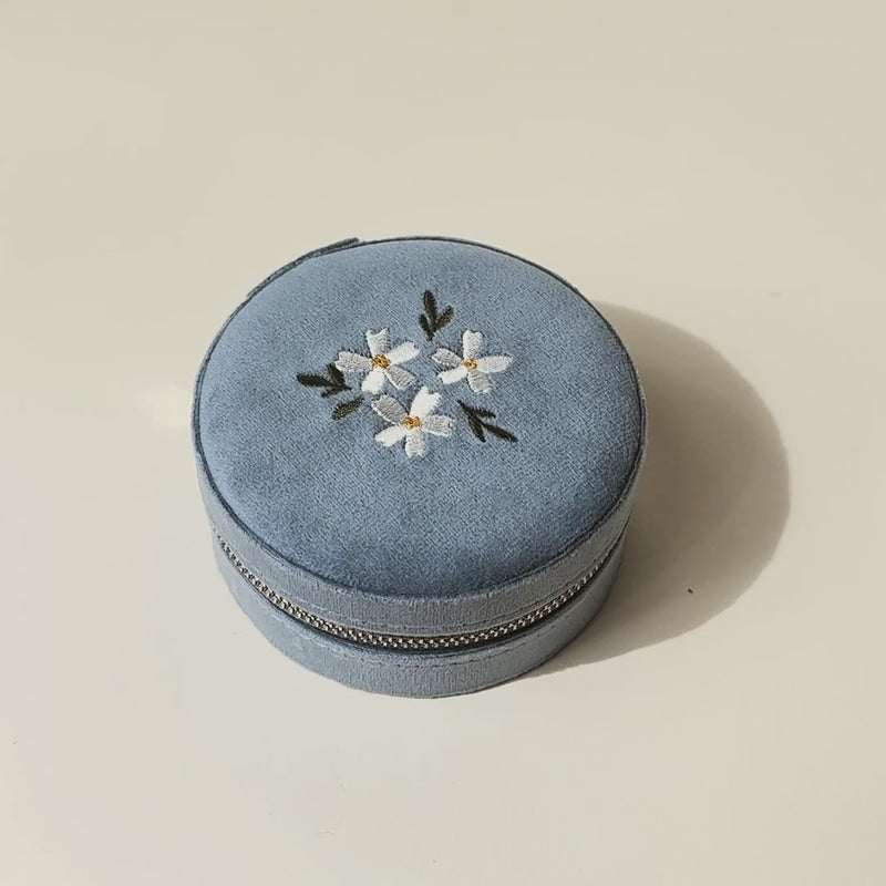 Misty Blue Round Velvet Jewelry Case