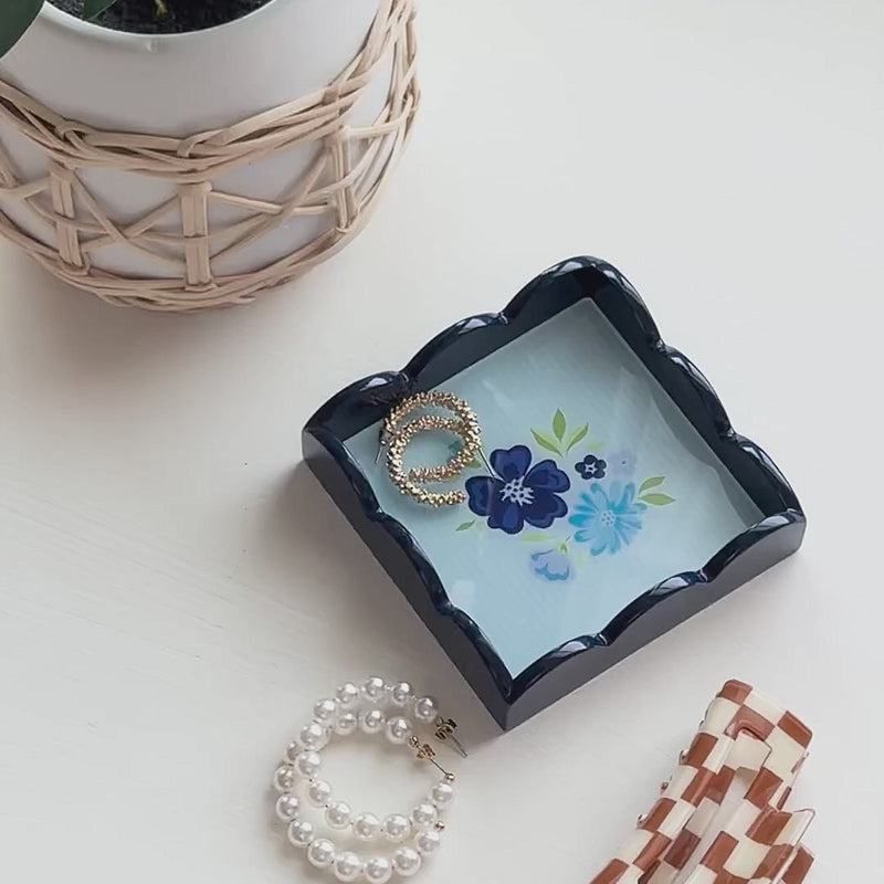 Dainty Floral Navy Scallop Trinket Tray