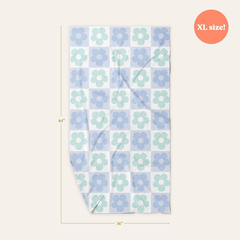 Flower Check Blue Quick-Dry Beach Towel