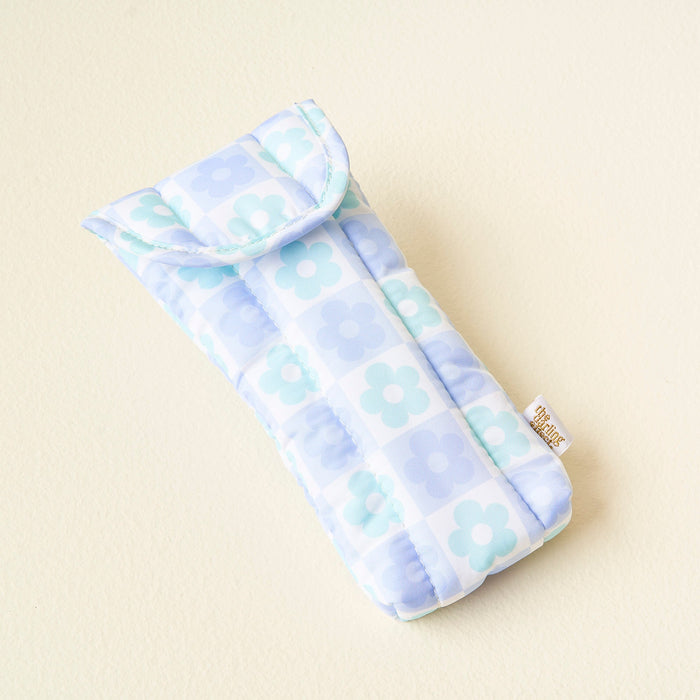 Flower Check Blue Puffy Sunglasses Case