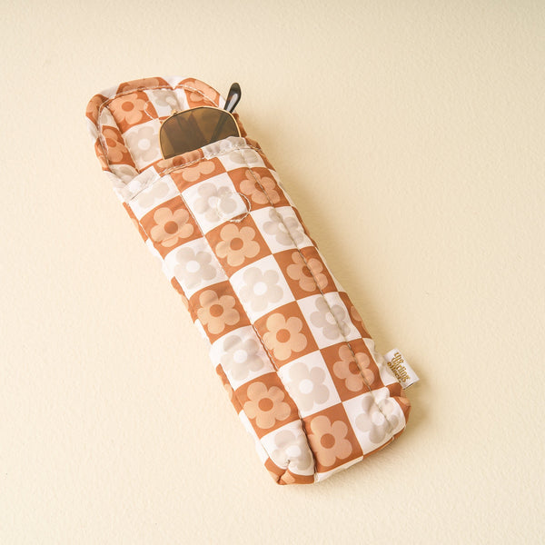 Flower Check Brown Puffy Sunglasses Case