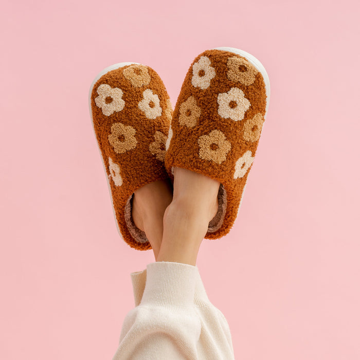 Brown Flower Fuzzy Slippers