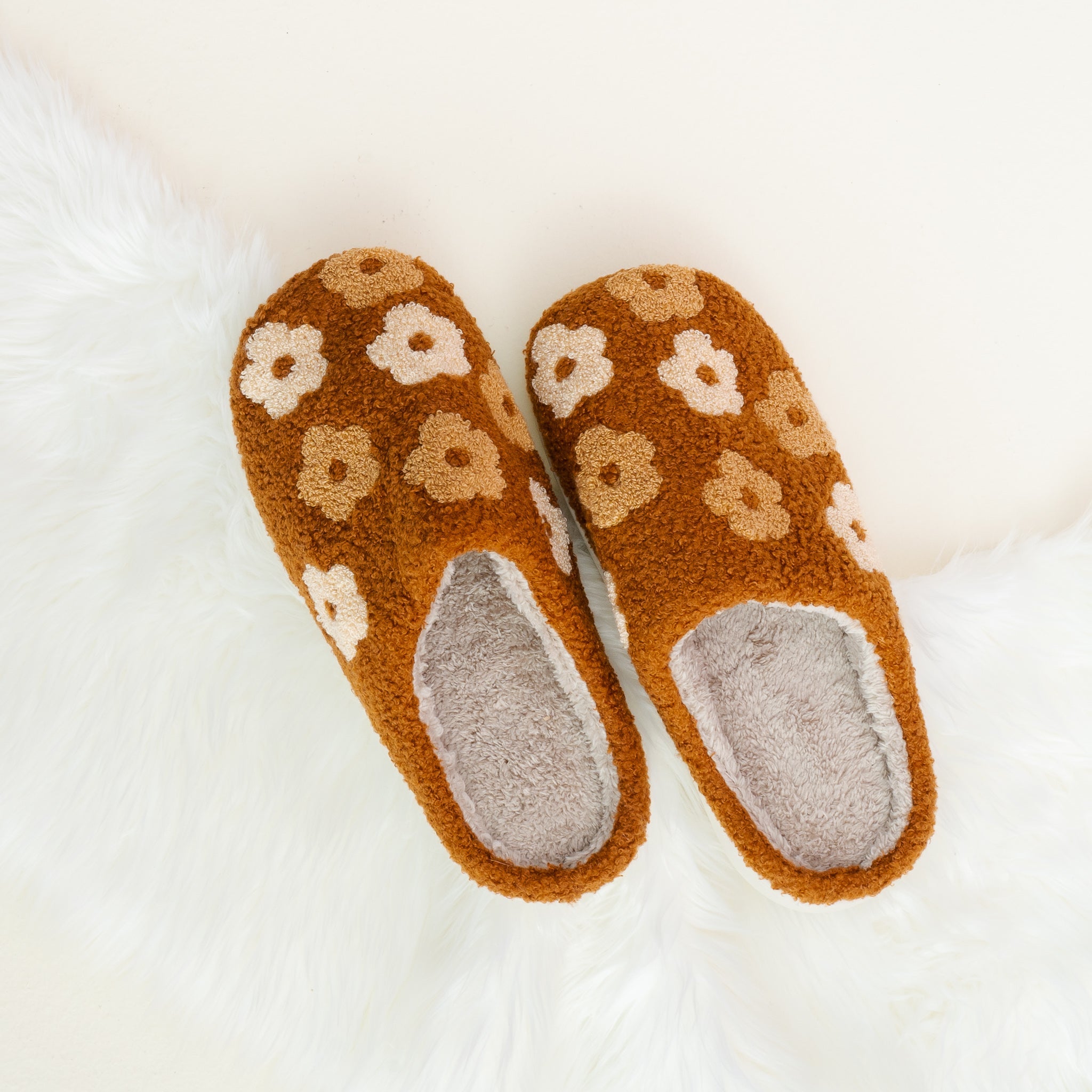 Floral Fuzzy Slippers - Brown