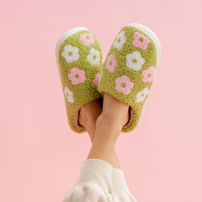 Green Flower Fuzzy Slippers