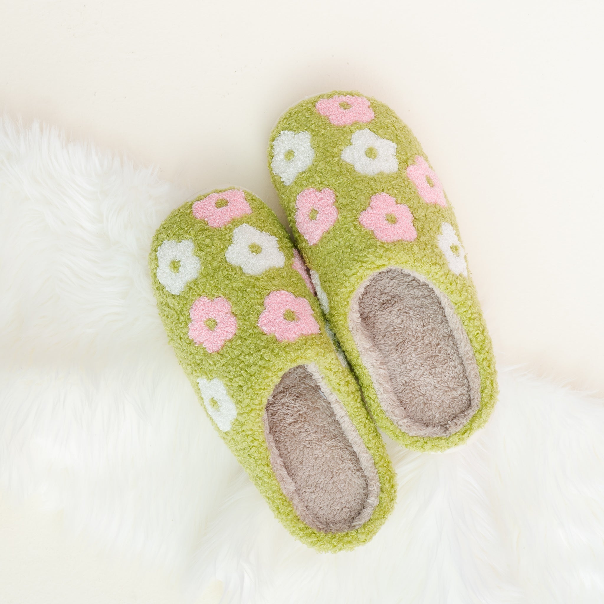 Floral Fuzzy Slippers - Green