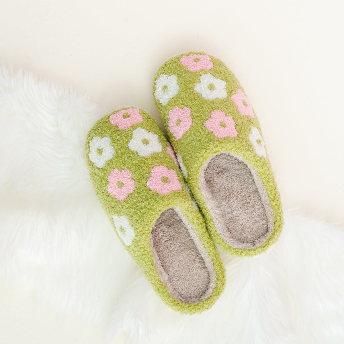 Green Flower Fuzzy Slippers