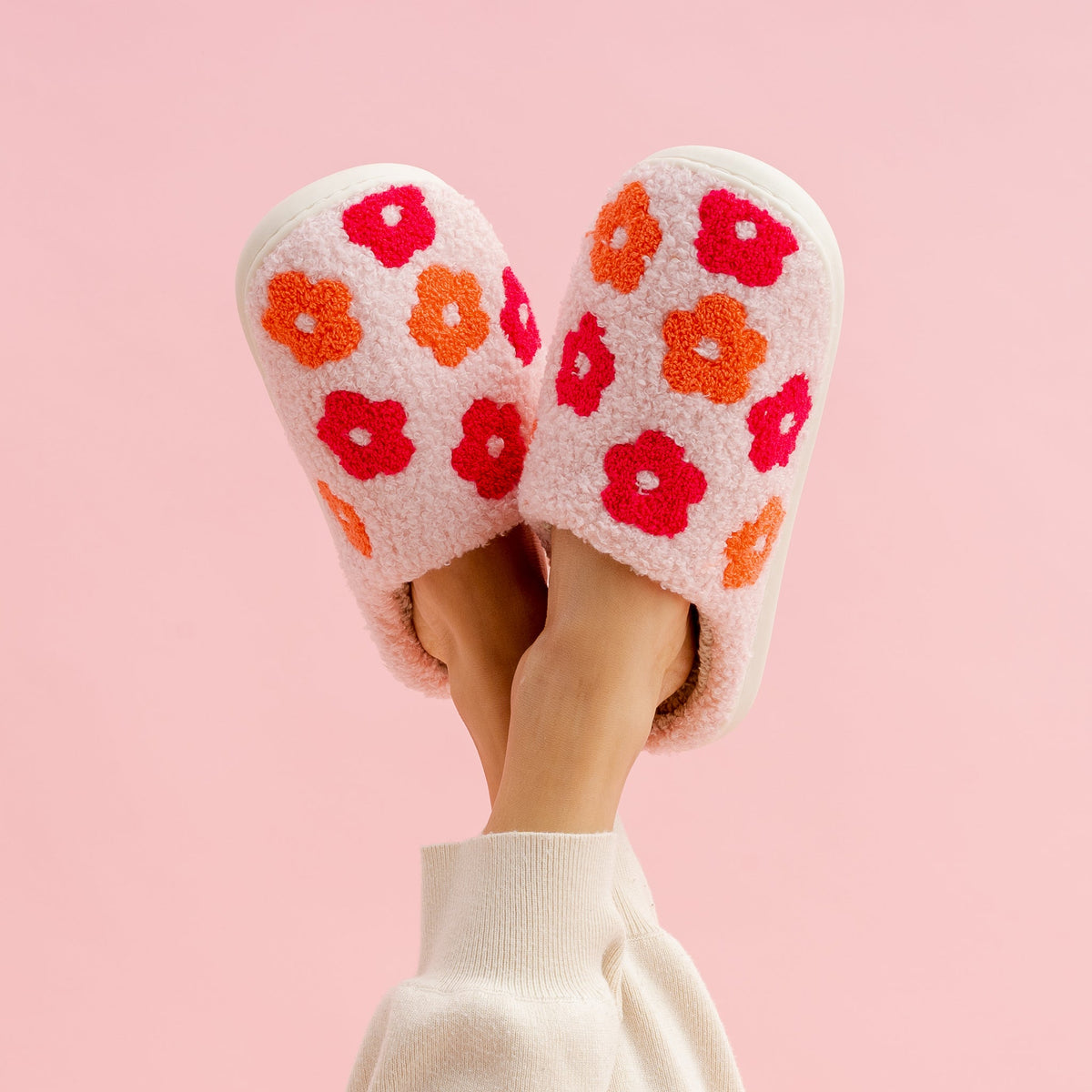 Pink Flower Fuzzy Slippers