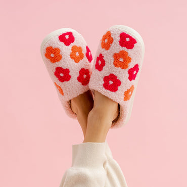 Floral Fuzzy Slippers - Pink