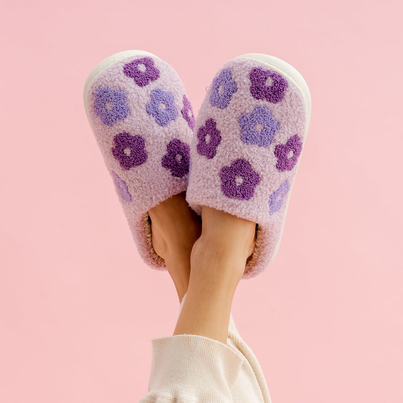 Purple Flower Fuzzy Slippers