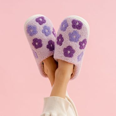 Floral Fuzzy Slippers - Purple