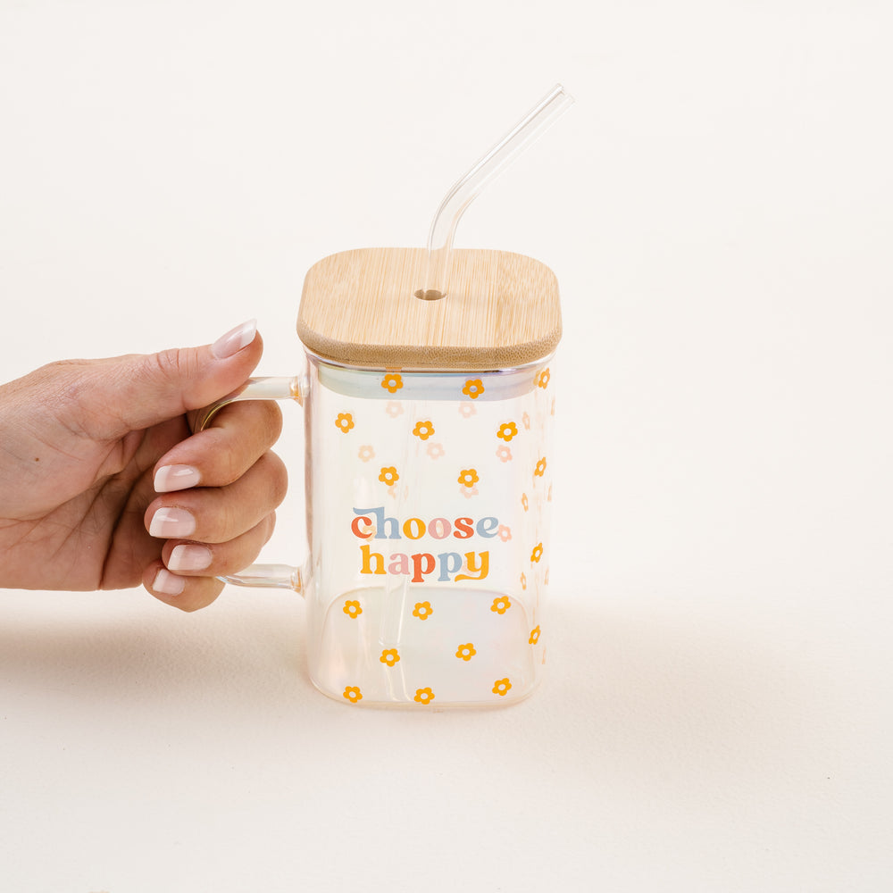 Choose Happy 20 oz Square Glass Cup