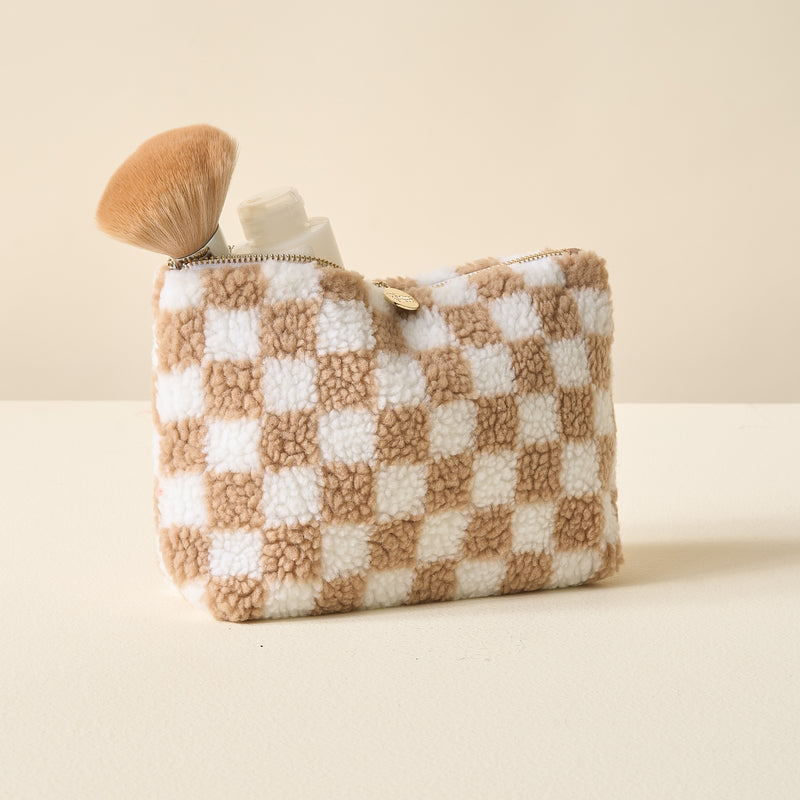 Tan Checker Teddy Pouch