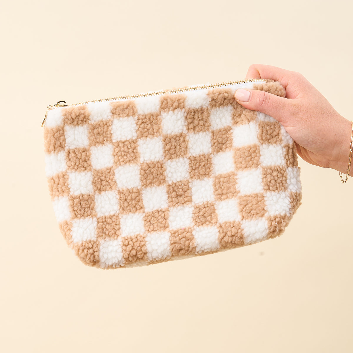 Tan Checker Teddy Pouch