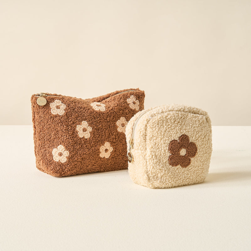 Brown Square Flower Teddy Pouch