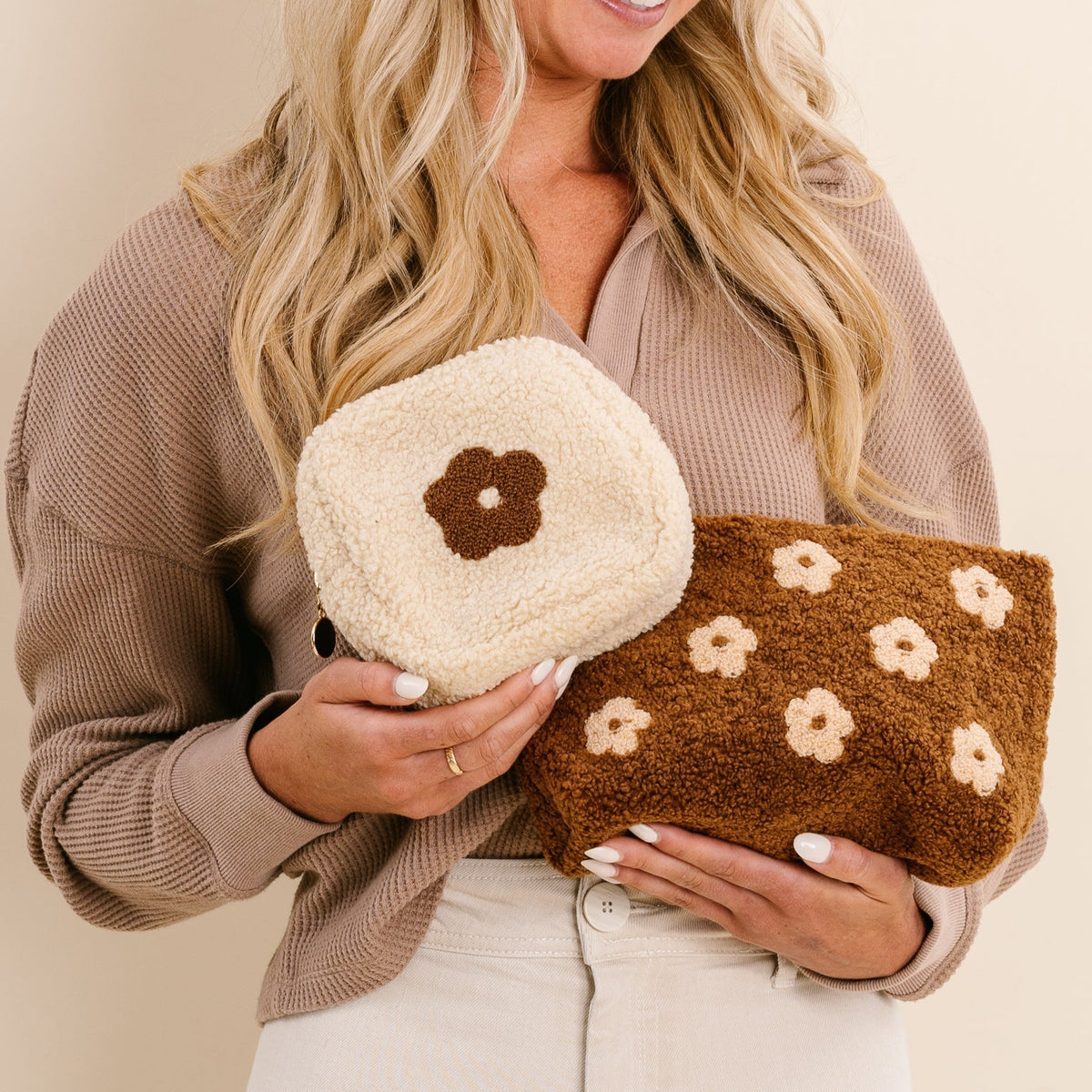 Brown Square Flower Teddy Pouch