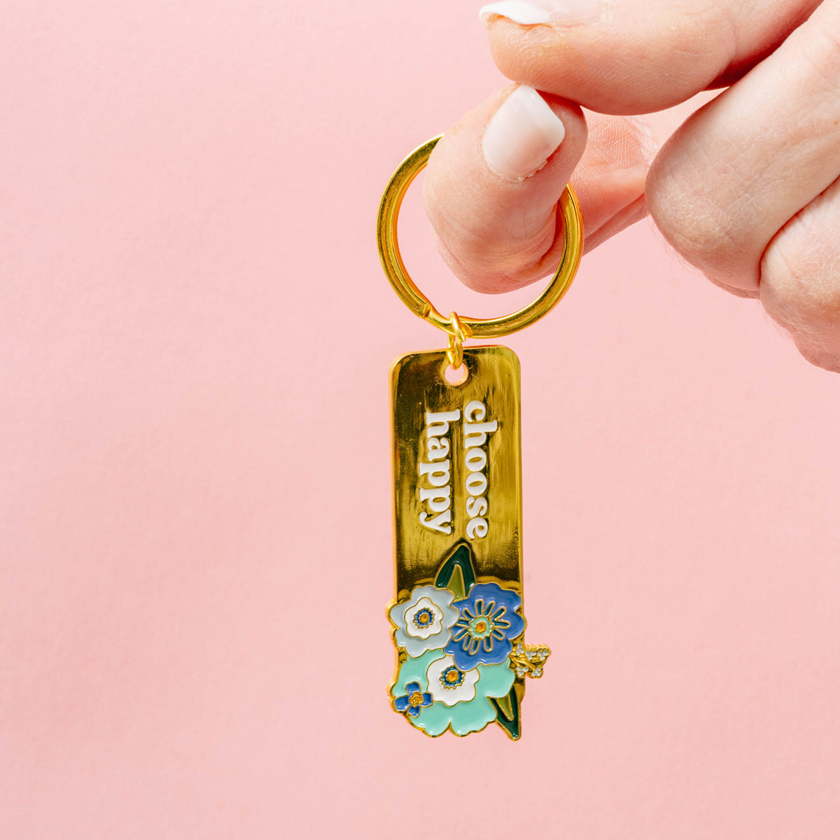 Choose Happy Enamel Floral Keychain